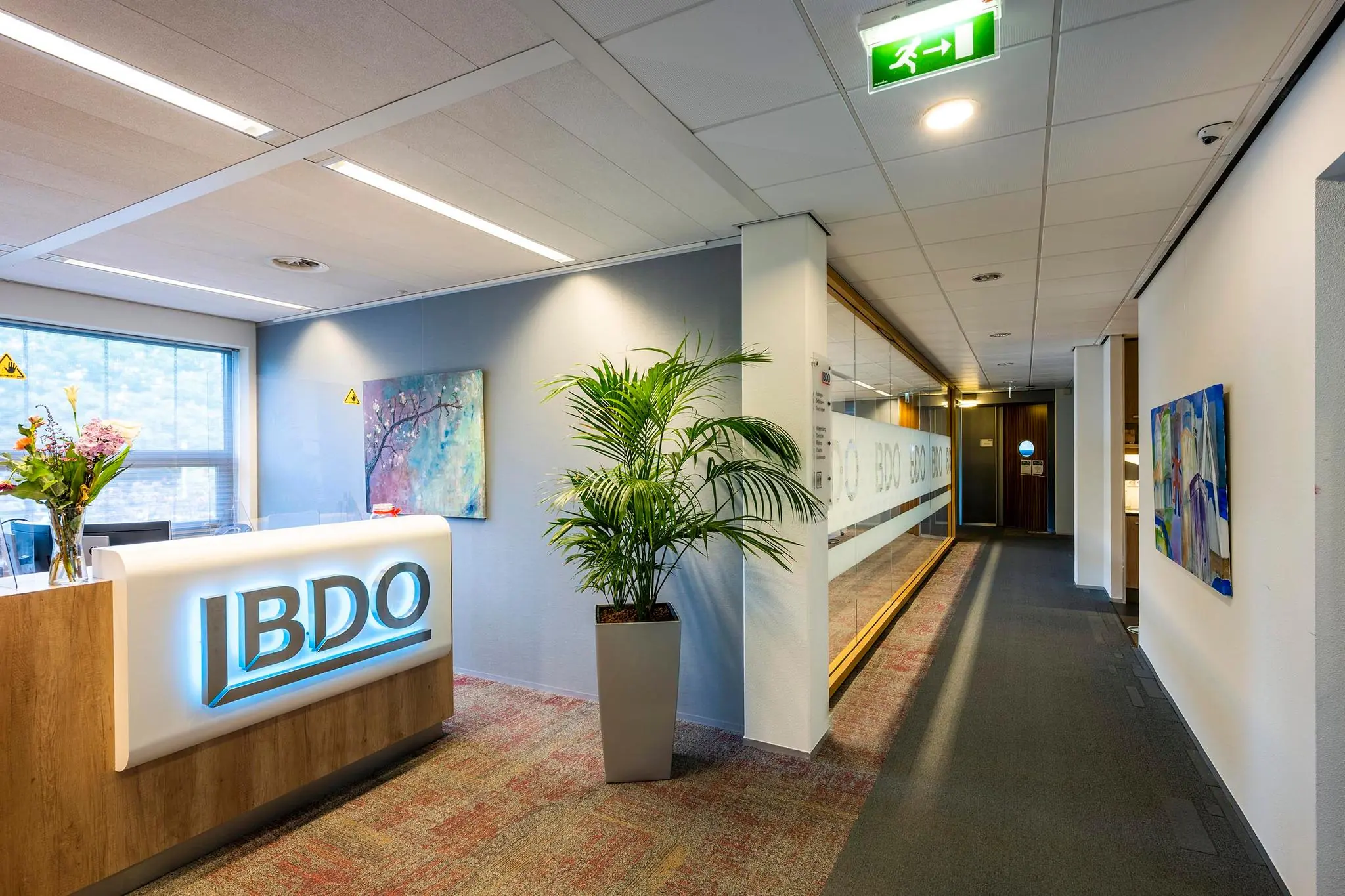 Ingang en receptiebalie van het BDO-kantoor aan de K.P. van der Mandelelaan, met moderne inrichting en opvallende beplanting.